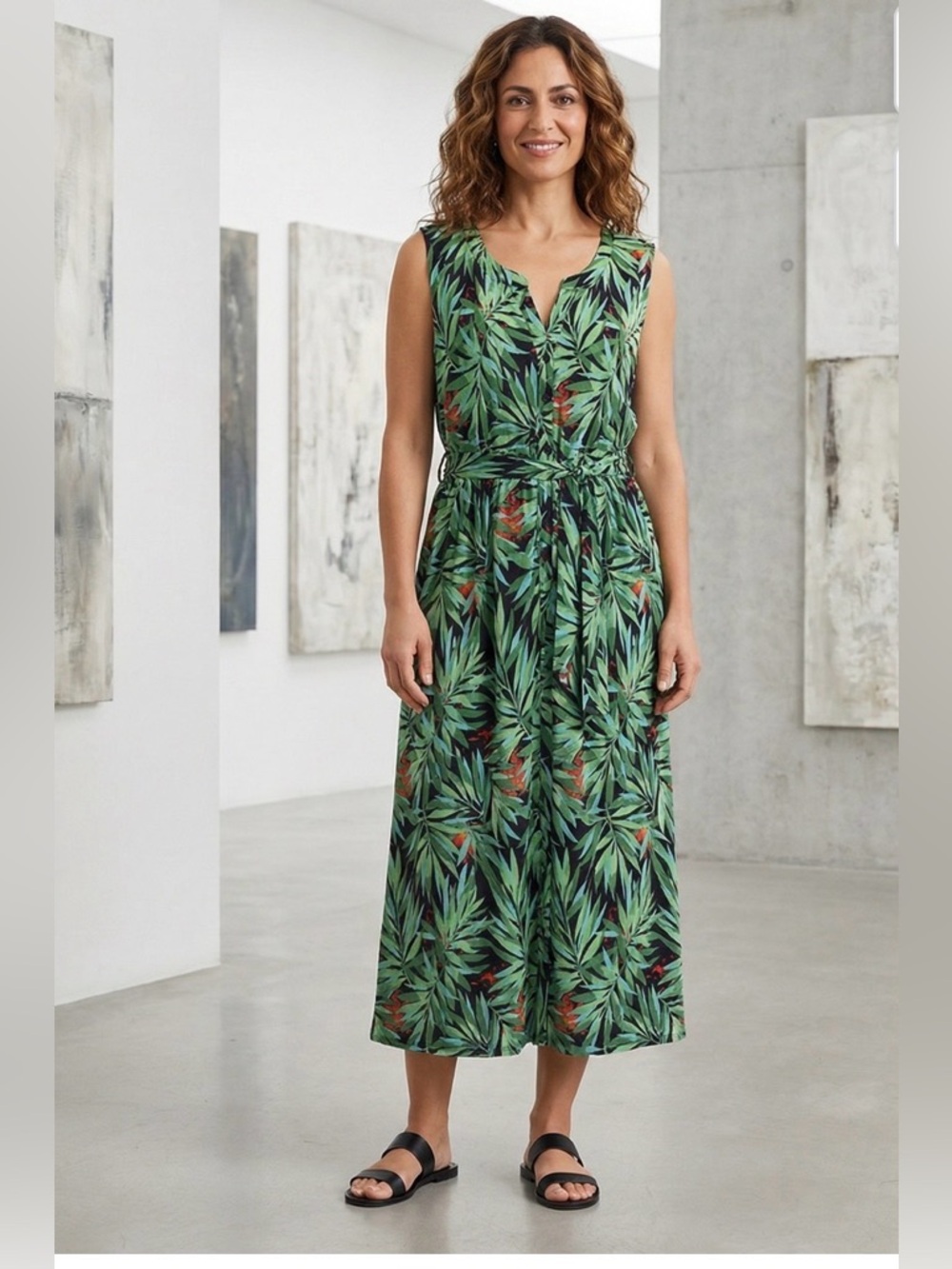 Noir Tropical Print Midi Dress Size L Green Black Palm Tree Summer Resort Wear